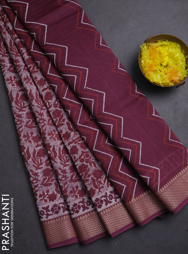 Maheshwari silk cotton saree beige and maroon with allover block prints and thread woven border