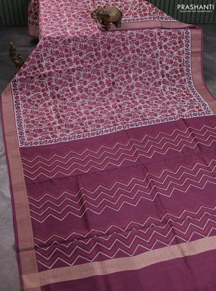 Maheshwari silk cotton saree beige and maroon with allover block prints and thread woven border