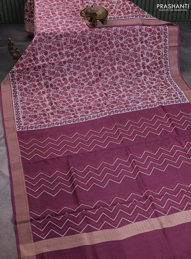 Maheshwari silk cotton saree beige and maroon with allover block prints and thread woven border