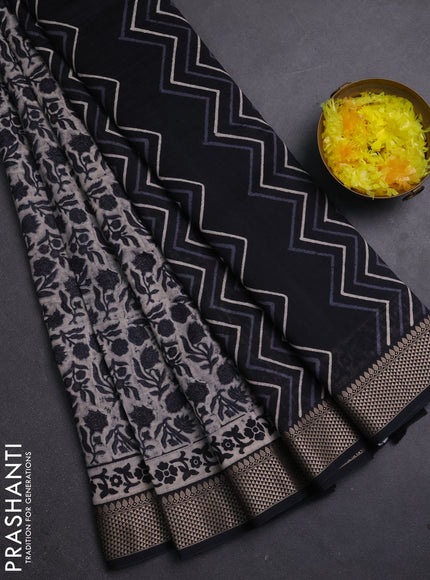 Maheshwari silk cotton saree beige and black with allover block prints and thread woven border