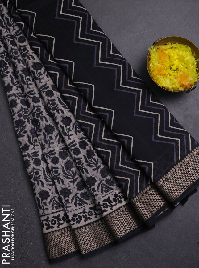 Maheshwari silk cotton saree beige and black with allover block prints and thread woven border