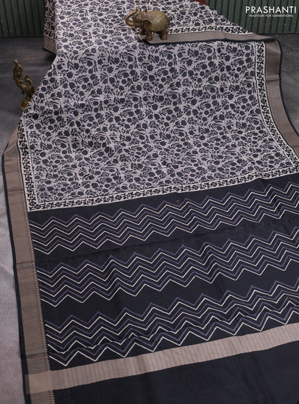 Maheshwari silk cotton saree beige and black with allover block prints and thread woven border