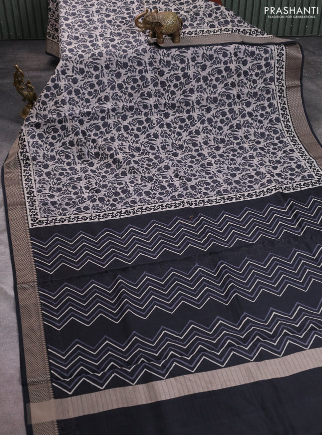 Maheshwari silk cotton saree beige and black with allover block prints and thread woven border