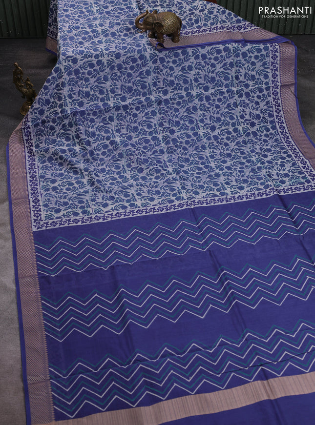 Maheshwari silk cotton saree off white and blue with allover block prints and thread woven border