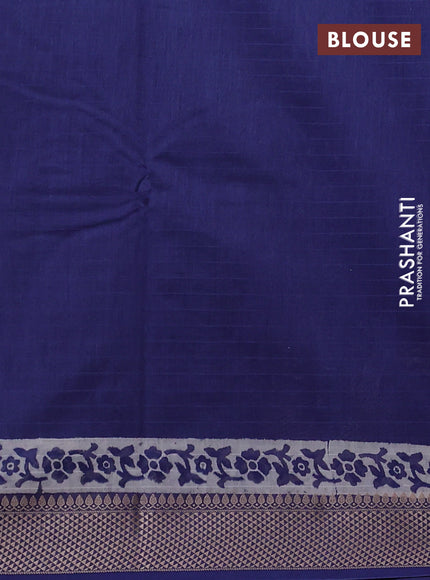Maheshwari silk cotton saree off white and blue with allover block prints and thread woven border