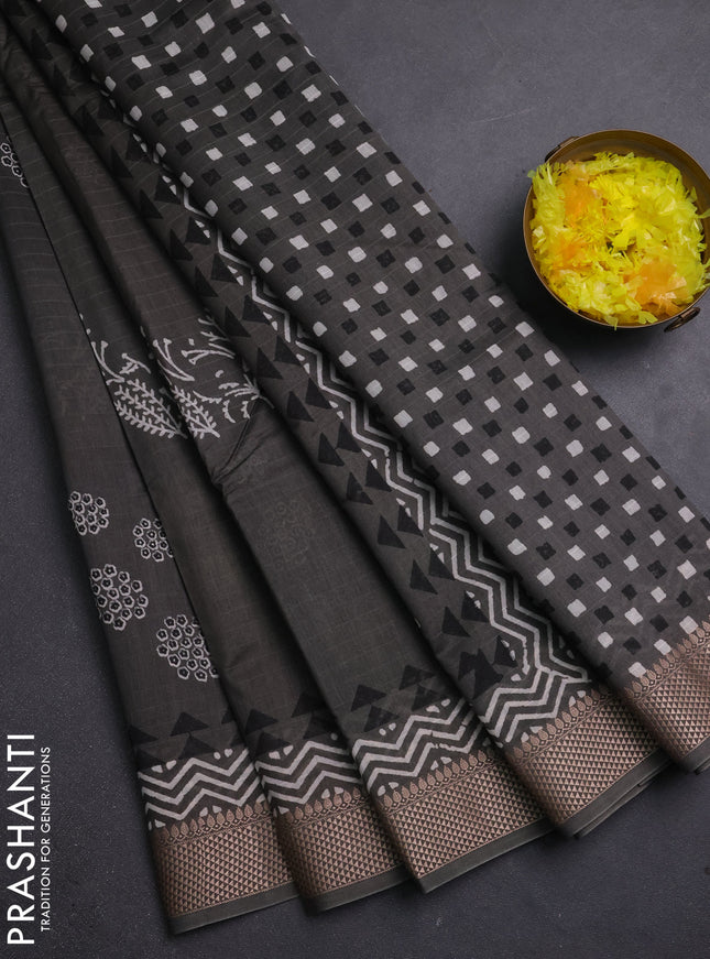 Maheshwari silk cotton saree grey with butta block prints and thread woven border