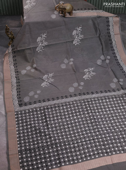Maheshwari silk cotton saree grey with butta block prints and thread woven border