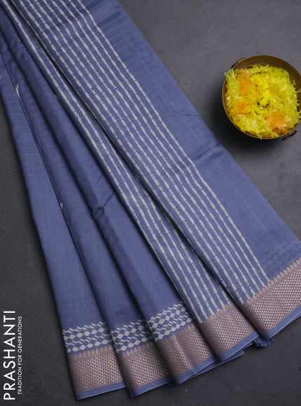 Maheshwari silk cotton saree bluish grey with block prints and thread woven border
