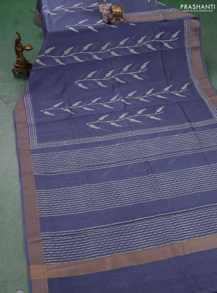 Maheshwari silk cotton saree bluish grey with block prints and thread woven border