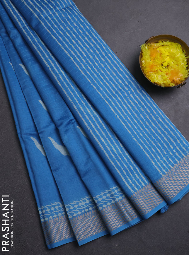 Maheshwari silk cotton saree blue with block prints and thread woven border