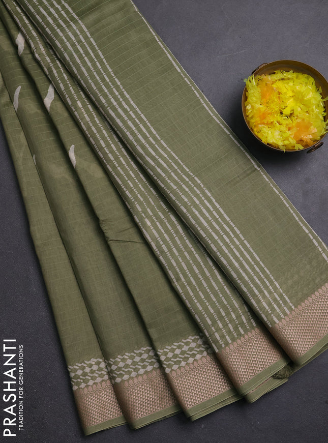 Maheshwari silk cotton saree olive green with block prints and thread woven border