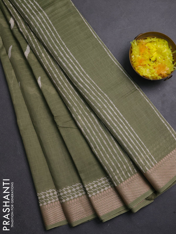 Maheshwari silk cotton saree olive green with block prints and thread woven border
