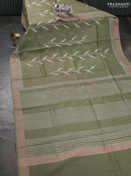 Maheshwari silk cotton saree olive green with block prints and thread woven border