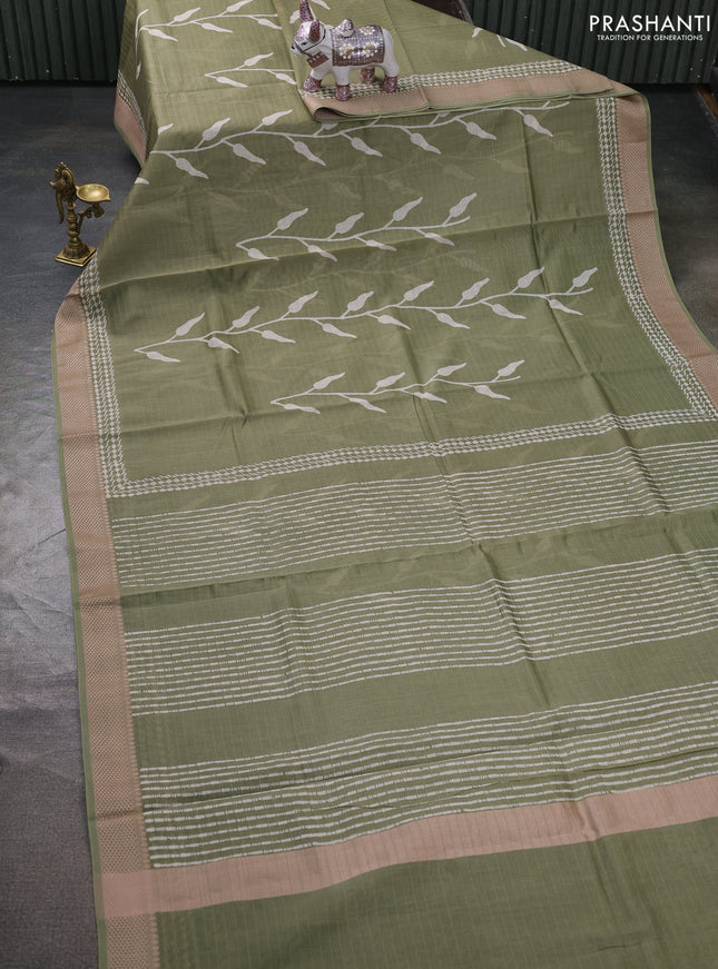 Maheshwari silk cotton saree olive green with block prints and thread woven border