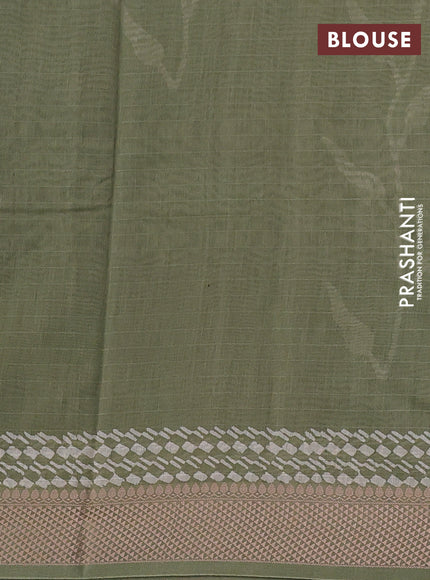 Maheshwari silk cotton saree olive green with block prints and thread woven border
