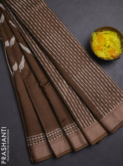 Maheshwari silk cotton saree brown shade with block prints and thread woven border
