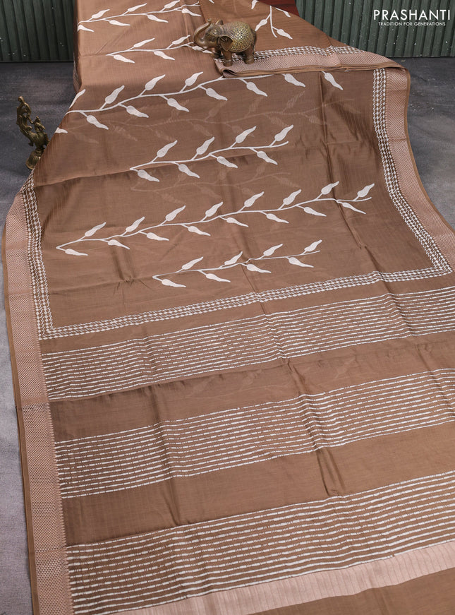 Maheshwari silk cotton saree brown shade with block prints and thread woven border