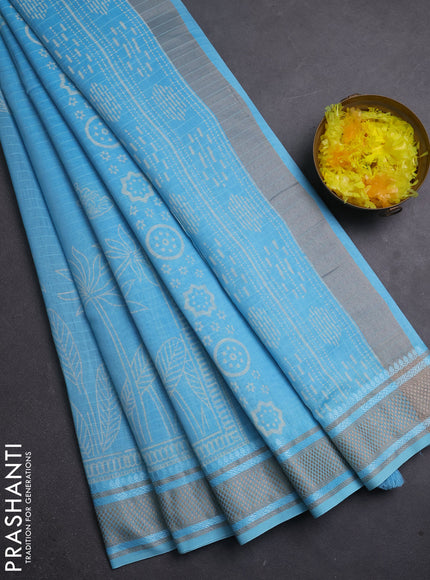 Maheshwari silk cotton saree light blue with butta block printa and thread woven border