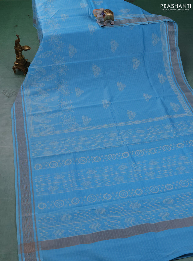 Maheshwari silk cotton saree light blue with butta block printa and thread woven border