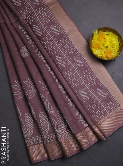 Maheshwari silk cotton saree rosy brown with butta block printa and thread woven border