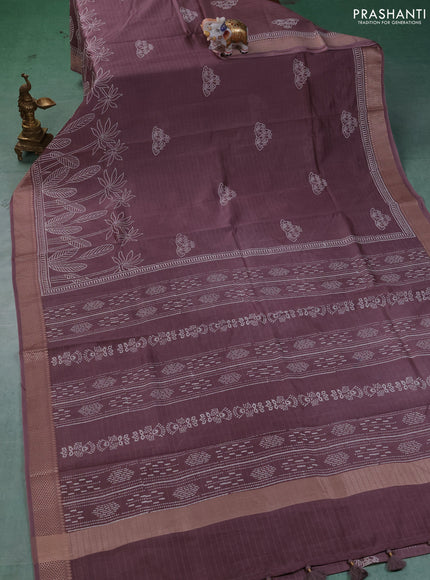 Maheshwari silk cotton saree rosy brown with butta block printa and thread woven border