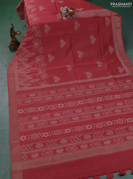 Maheshwari silk cotton saree peach shade with butta block printa and thread woven border