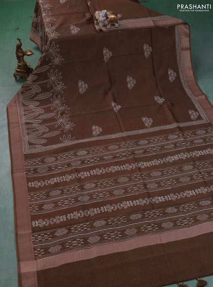 Maheshwari silk cotton saree brown shade with butta block printa and thread woven border
