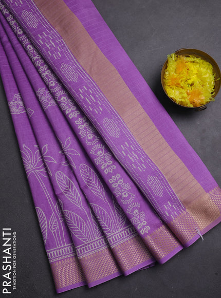 Maheshwari silk cotton saree lavender with butta block printa and thread woven border