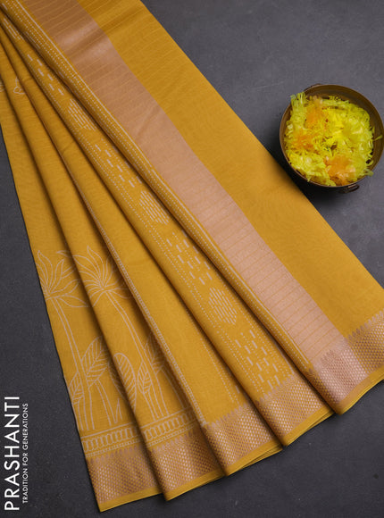 Maheshwari silk cotton saree yellow with butta block printa and thread woven border