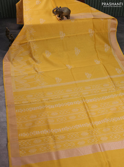 Maheshwari silk cotton saree yellow with butta block printa and thread woven border