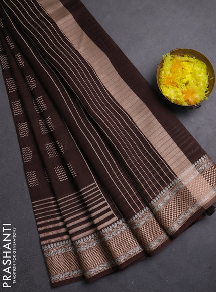 Maheshwari silk cotton saree brown with allover butta block prints and thread woven border