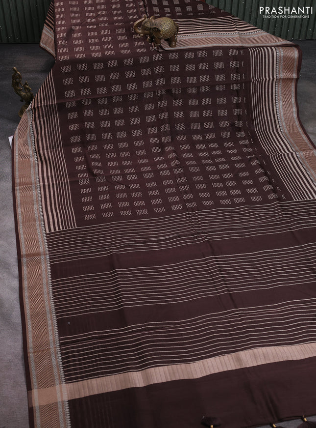 Maheshwari silk cotton saree brown with allover butta block prints and thread woven border