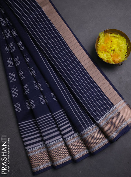 Maheshwari silk cotton saree navy blue with allover butta block prints and thread woven border
