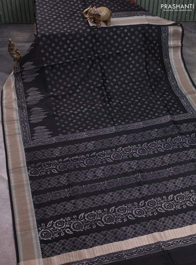 Maheshwari silk cotton saree black with allover butta block prints and thread woven border