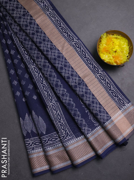 Maheshwari silk cotton saree navy blue with allover butta block prints and thread woven border