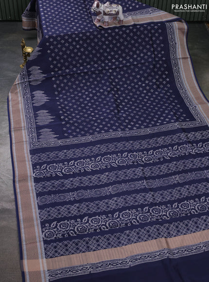 Maheshwari silk cotton saree navy blue with allover butta block prints and thread woven border