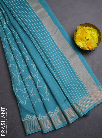 Maheshwari silk cotton saree teal green with allover block prints and thread woven border