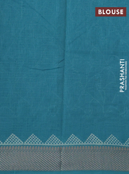 Maheshwari silk cotton saree teal green with allover block prints and thread woven border