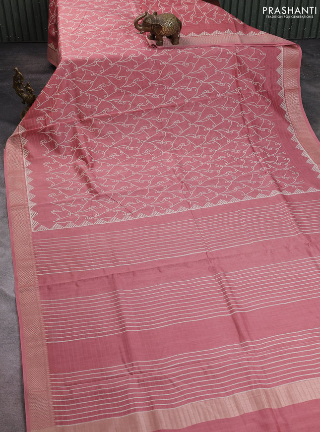 Maheshwari silk cotton saree pastel peach with allover block prints and thread woven border