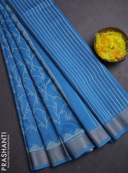 Maheshwari silk cotton saree cs blue with allover block prints and thread woven border