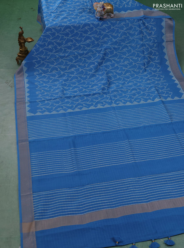 Maheshwari silk cotton saree cs blue with allover block prints and thread woven border