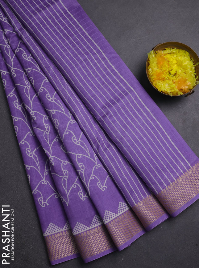 Maheshwari silk cotton saree lavender with allover block prints and thread woven border