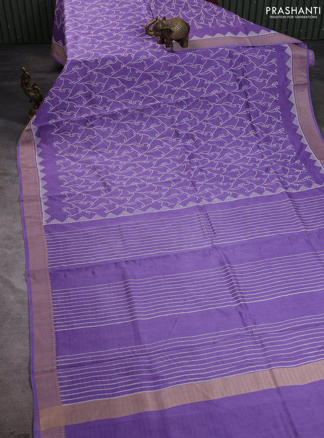 Maheshwari silk cotton saree lavender with allover block prints and thread woven border