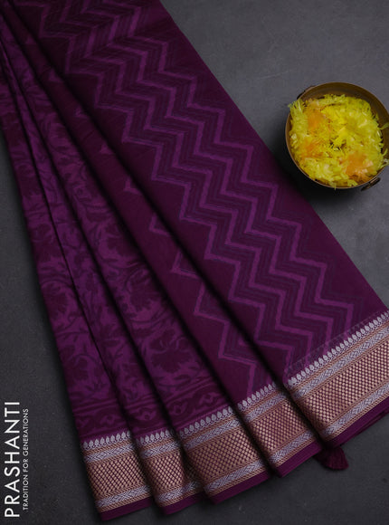 Maheshwari silk cotton saree dark magenta and wine shade with allover kalamkari block prints and thread woven border