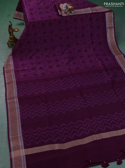 Maheshwari silk cotton saree dark magenta and wine shade with allover kalamkari block prints and thread woven border
