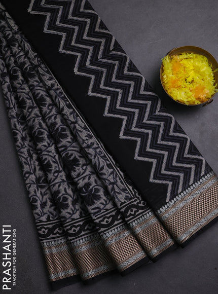 Maheshwari silk cotton saree beige and black with allover kalamkari block prints and thread woven border