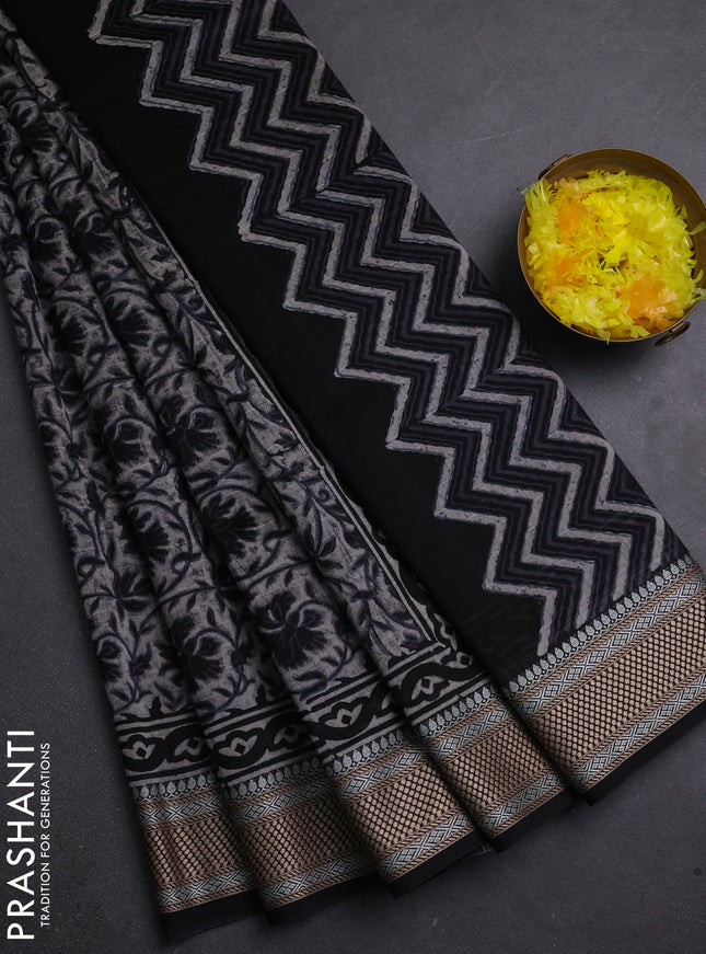 Maheshwari silk cotton saree beige and black with allover kalamkari block prints and thread woven border