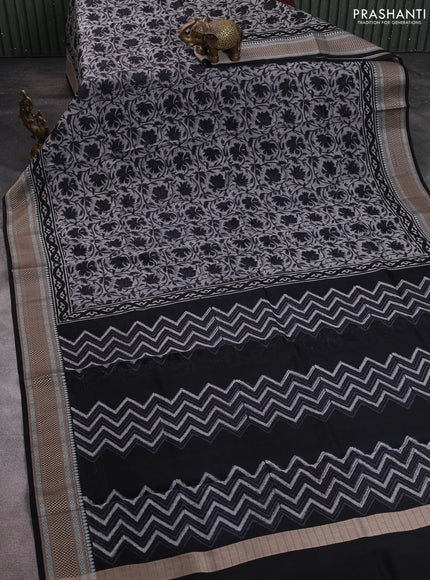 Maheshwari silk cotton saree beige and black with allover kalamkari block prints and thread woven border