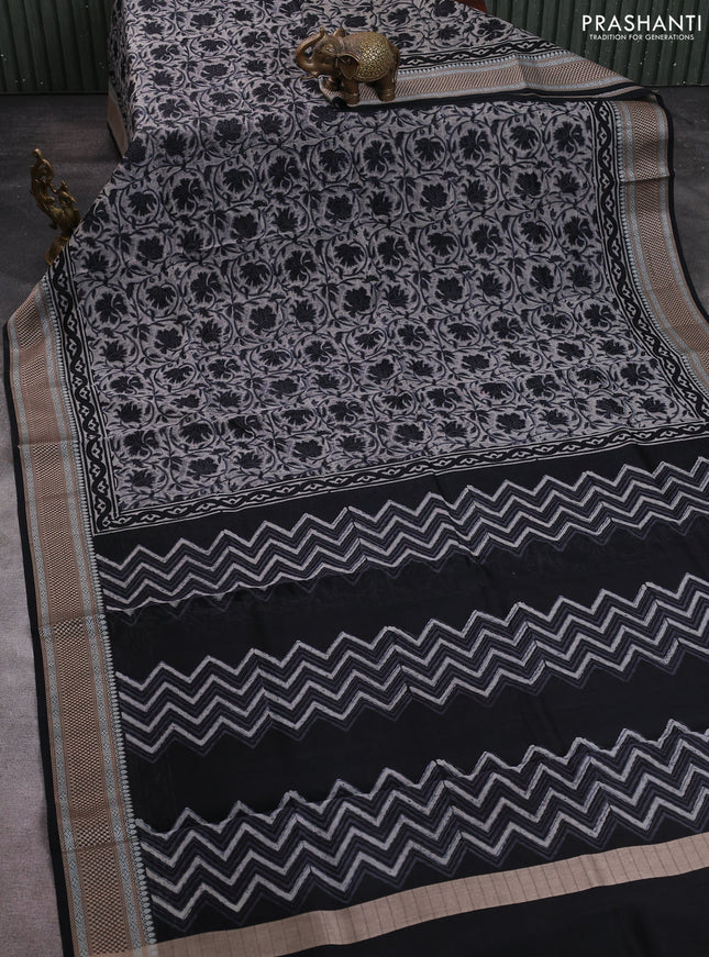 Maheshwari silk cotton saree beige and black with allover kalamkari block prints and thread woven border