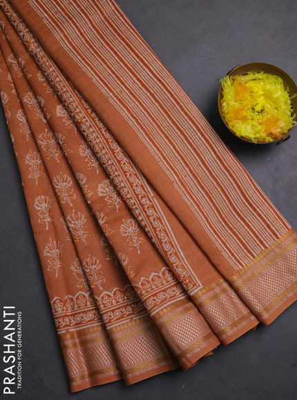 Maheshwari silk cotton saree rustic orange with allover butta block prints and thread woven border